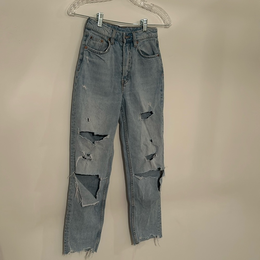 H&M Divided High Rise Ripped Straight Leg Jeans
